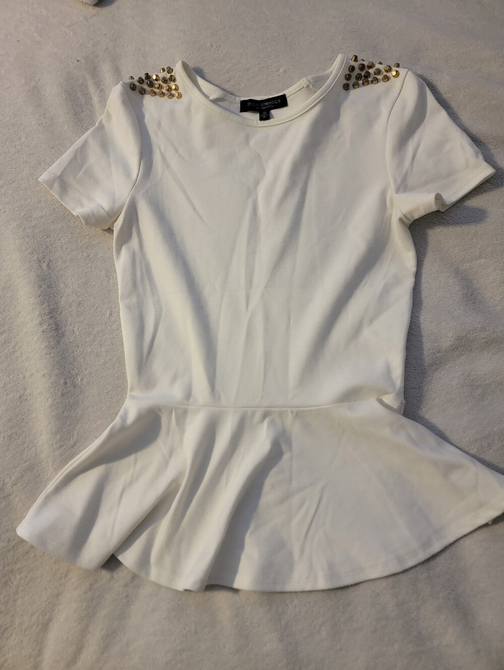 Green Envelope White Short Sleeve Peplum Top with Gold Studs